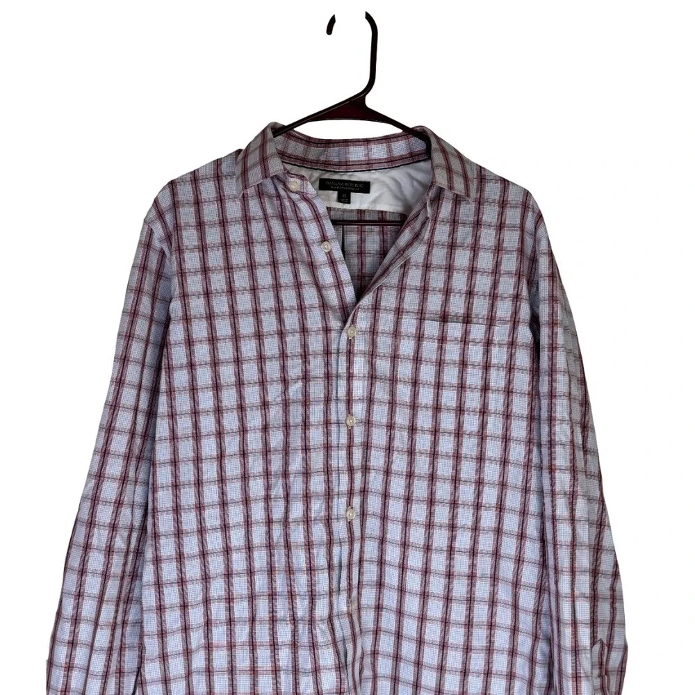 Banana Republic Shirt Mens Medium Red White Blue Plaid Non-Iron Classic Fit Long